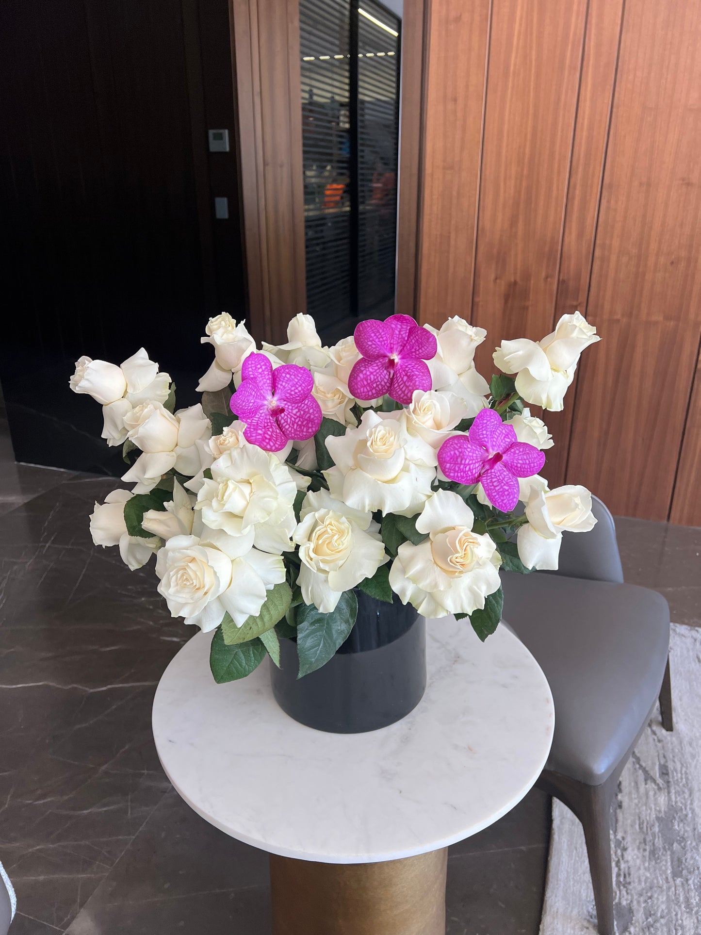 White roses and pink orchids